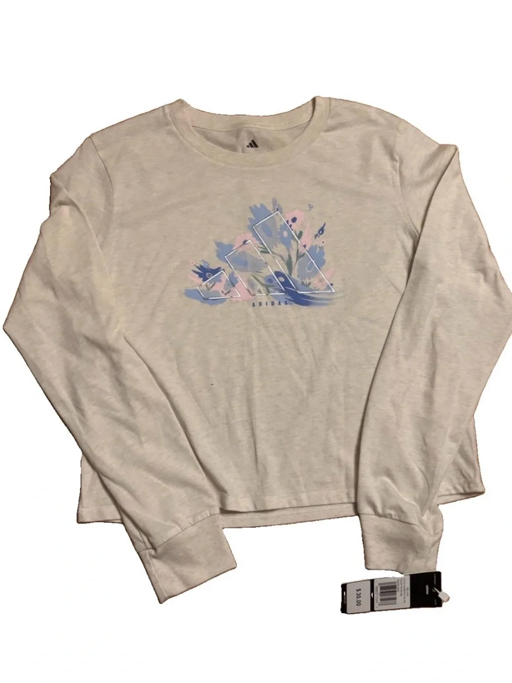 adidas Cream Long-Sleeve Tee with Pastel Blue and Pink Logo - L (14)